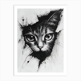 Angry Cat Watching from Wall Hole 1 Art Print