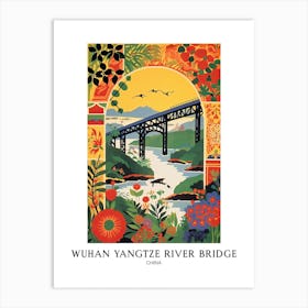 Wuhan Yangtze River Bridge, China, Colourful Travel Poster Art Print