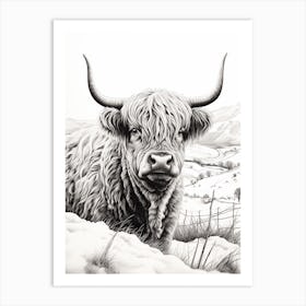 Snowing Highland Cow In Rolling Fields Art Print