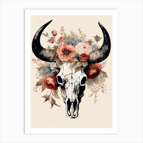 Vintage Boho Bull Skull Flowers Painting (56) Art Print
