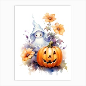 Cute Ghost With Pumpkins Halloween Watercolour 48 Art Print