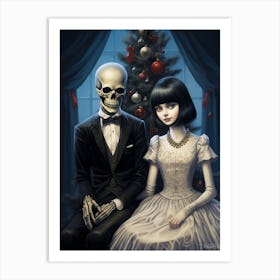 A Skeleton And A Girl Near A Christmas Tree 1 Art Print