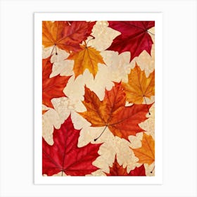 Autumn Themed Wallpaper Showcasing A Sun Drenched Group Of Maple Leaves In Varying Shades Of Red Or (4) Art Print