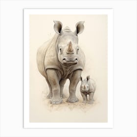 Rhino & Baby Rhino Detailed Illustration 3 Art Print