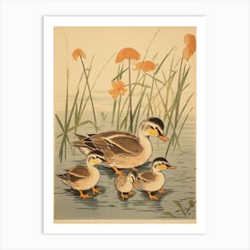 Ducklings Japanese Woodblock Style 1 Art Print