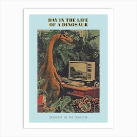 Dinosaur At A Computer Retro Collage 1 Poster Art Print