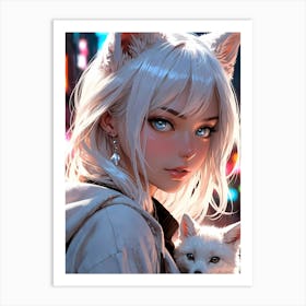 Anime Girl With Cat Art Print