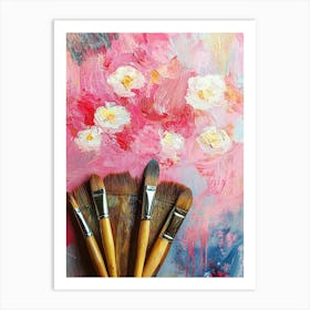 Paintbrush And Beautiful Painting With Flowers 1 Art Print