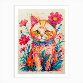 Cat In Flowers 1 Art Print