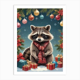 Christmas Raccoon with Lights Art Print