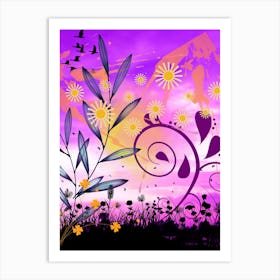 Sunset With Flowers And Birds Art Print