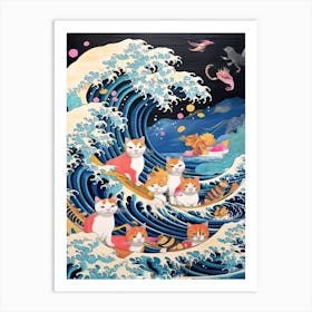The Great Wave Off Kanagawa Ginger Cats Kitsch Art Print