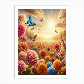 Daisy Field With Butterflies Art Print