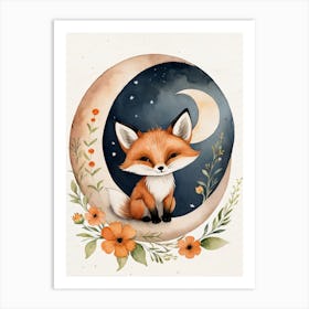 Floral Cute Fox Watercolor Moon Paining (18) Art Print