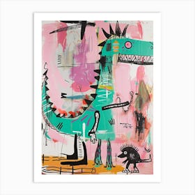 Dinosaur With Pet Blue Purple Pink 2 Art Print