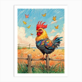 Rooster On Fence 2 Art Print