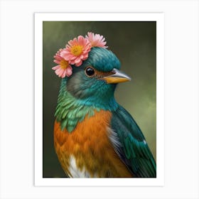 Bird With Flowers Crown European Robin Art Print