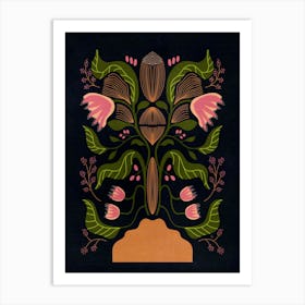 Pink Floral Folk Art Art Print