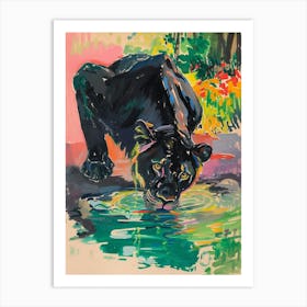 Black Lion Drinking From A Watering Hole Fauvist Painting 1 Art Print