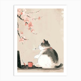 Cat With Cherry Blossoms 1 Art Print