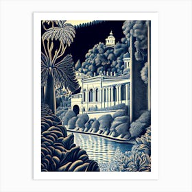 Villa D Este, Italy Linocut Black And White Vintage Art Print