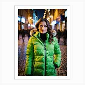 Woman in down jacket, walking in luminous city at night 2 Art Print