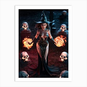 Sexy Gorgeous Witch with Fireballs Painting #3 Art Print