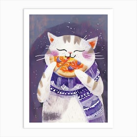 Grey And White Cat Pizza Lover Folk Illustration 1 Art Print