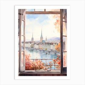 Window View Of Zurich Switzerland In Autumn Fall, Watercolour 3 Art Print