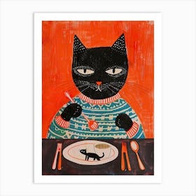 Black And Orange Cat Having Breakfast Folk Illustration 3 Art Print