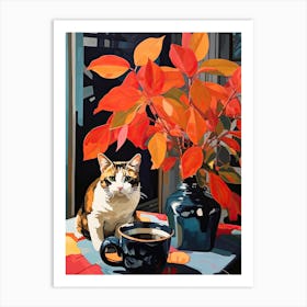 Camellia Flower Vase And A Cat, A Painting In The Style Of Matisse 2 Art Print