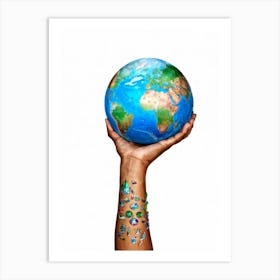 A Human Hand Cradling A Delicate Transparent Globe With Vibrant Countries And Teeming Blue Oceans S (1) Art Print