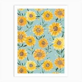 Summer Happy Sunflowers Blue Art Print