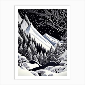Snowflakes In The Mountains, Snowflakes, Linocut 2 Art Print