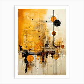 Abstract Artwork With Orange Brown And Black Circles Lines And Splatters On A Beige Background Art Print