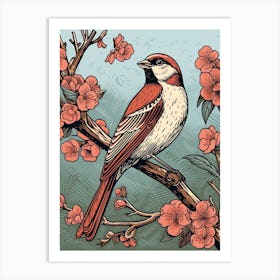 Vintage Bird Linocut Sparrow 4 Art Print