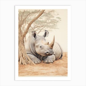 Rhino Lying Under The Tree Detailed Illustration 3 Art Print