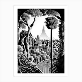 Park Güell, 1, Spain Linocut Black And White Vintage Art Print