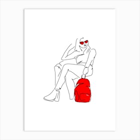 Minimalist Line Art Woman With Red Backpack Art Print