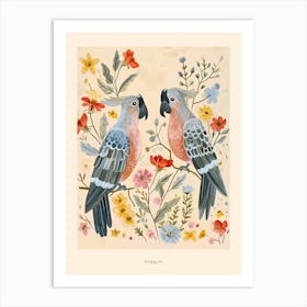 Folksy Floral Animal Drawing Parrot Poster Art Print