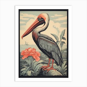 Vintage Bird Linocut Pelican 2 Art Print