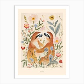Folksy Floral Animal Drawing Sloth Poster Art Print