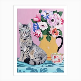 Cat With Flowers And Cup Art Print