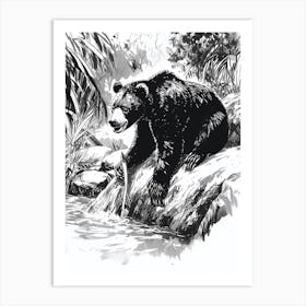 Malayan Sun Bear Fishing A Stream Ink Illustration 1 Art Print