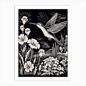 B&W Bird Linocut Hummingbird 1 Art Print