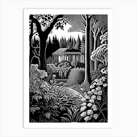 Fredriksdal Museum And Gardens, 1, Sweden Linocut Black And White Vintage Art Print