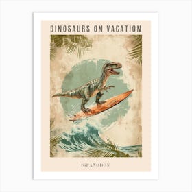 Vintage Iguanodon Dinosaur On A Surf Board 2 Poster Art Print