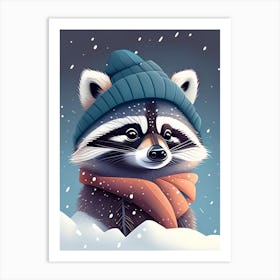 Raccoon With Beanie In The Snow Art Print