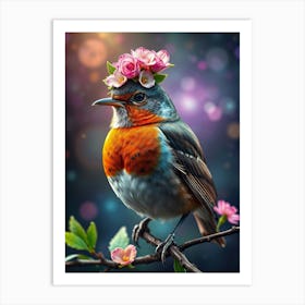 Robin With Flowers Art Print