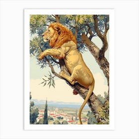 Barbary Lion Climbing A Tree Illustration 1 Art Print